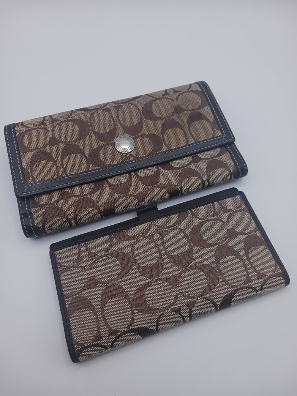 Coach Signature C Jacquard Checkbook & Wallet Brown Tan Leather Organizer